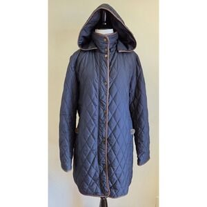 Lauren Ralph Lauren Black Diamond Quilted Hooded Long Coat Faux Leather Trim W L